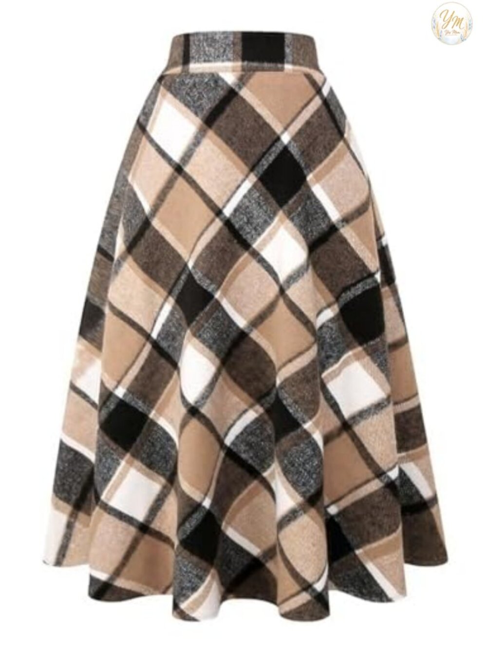 Wool Blend Plaid A-Line Pleated Long Skirt with Elastic Waist